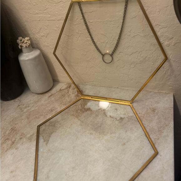 NCYP Vintage Gold Brass Floating Hanging Glass Long Hexagon  Hexagonal Glass and Gold Frame